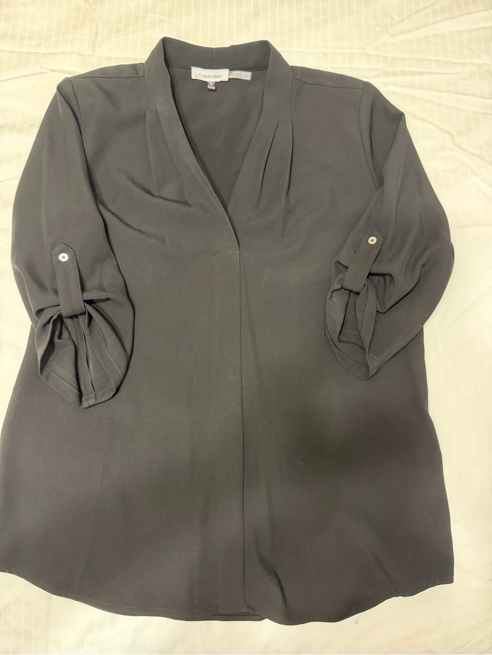Calvin Klein Black V-Neck Roll-Tab Sleeve Blouse